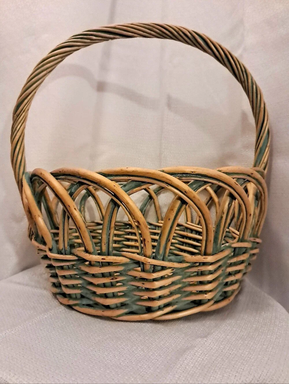 Vintage Large Handwoven Wicker Basket Green & Natural Twisted Handle Cottagecore